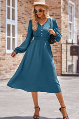 Smocked V-Neck Flounce Sleeve Midi Dress Sky Blue 3c63735e-fa48-41d1-8674-f9c12601bbcb-Max Glownestbest