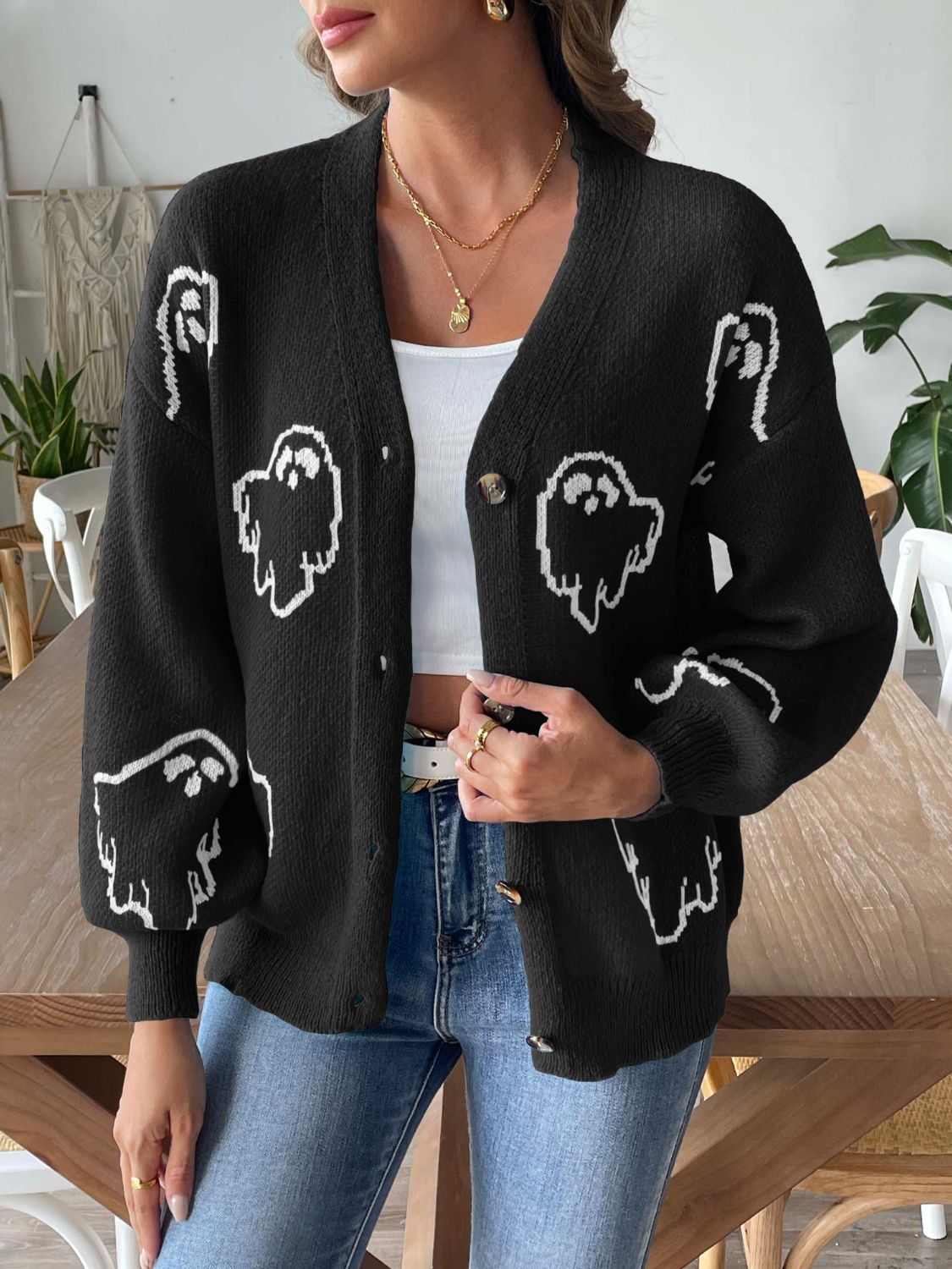 Glownestbest® | V-Neck Dropped Shoulder Cardigan Black 3c79affd-ead2-4a2a-9c5d-775ca9bb0993-Max Glownestbest