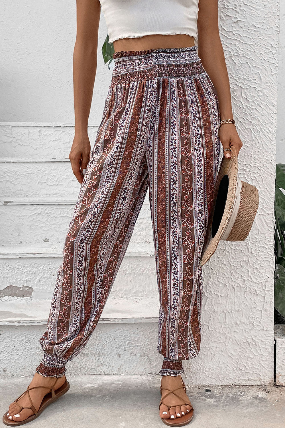Perfee Smocked Printed High Waist Pants 3ce1f698-a9cf-4e86-a12f-1d96c7295001-Max Trendsi