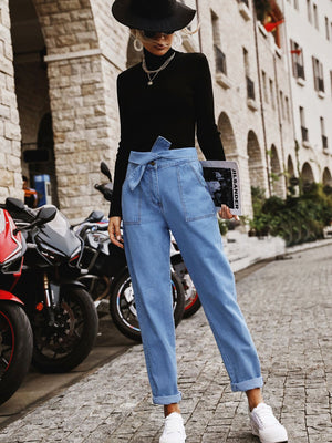 Tied Straight Jeans with Pockets 3cfec38f-bf24-46d6-a047-557fcf9aac75-Max Trendsi