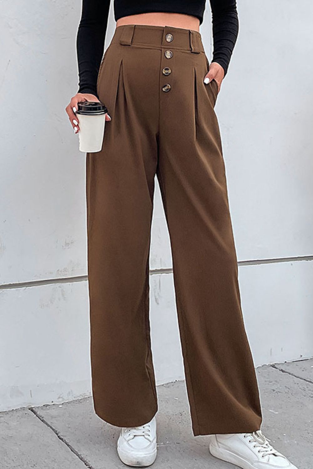 Perfee Button-Fly Pleated Waist Wide Leg Pants with Pockets Brown 3d2fa700f69f4c4d897b214ba10e5d5e-Max Trendsi