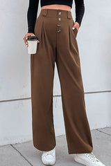 Perfee Button-Fly Pleated Waist Wide Leg Pants with Pockets Brown 3d2fa700f69f4c4d897b214ba10e5d5e-Max Trendsi