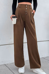 Perfee Button-Fly Pleated Waist Wide Leg Pants with Pockets Brown 3d2fa700f69f4c4d897b214ba10e5d5e-Max Trendsi