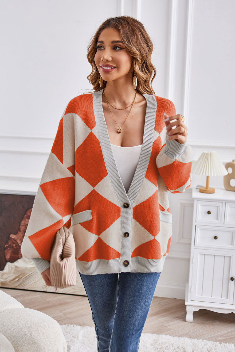 Geometric Lantern Sleeve Cardigan with Pockets 3da3382a29fa439e97e7d049c6452a1d-Max Glownestbest
