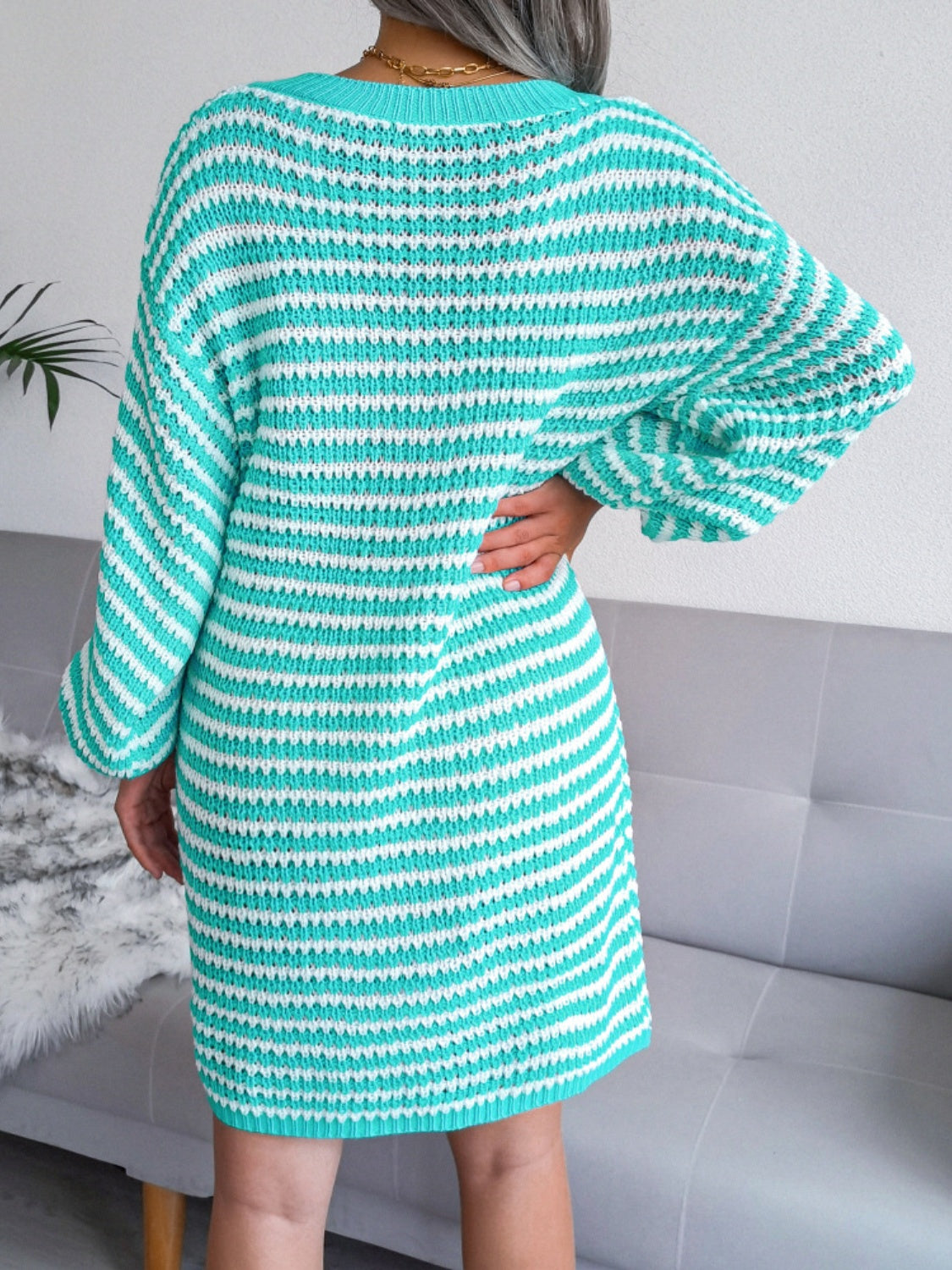 Striped V-Neck Long Sleeve Mini Sweater Dress 3db4f106-382e-47c2-a637-6d476bd444e7-Max Glownestbest