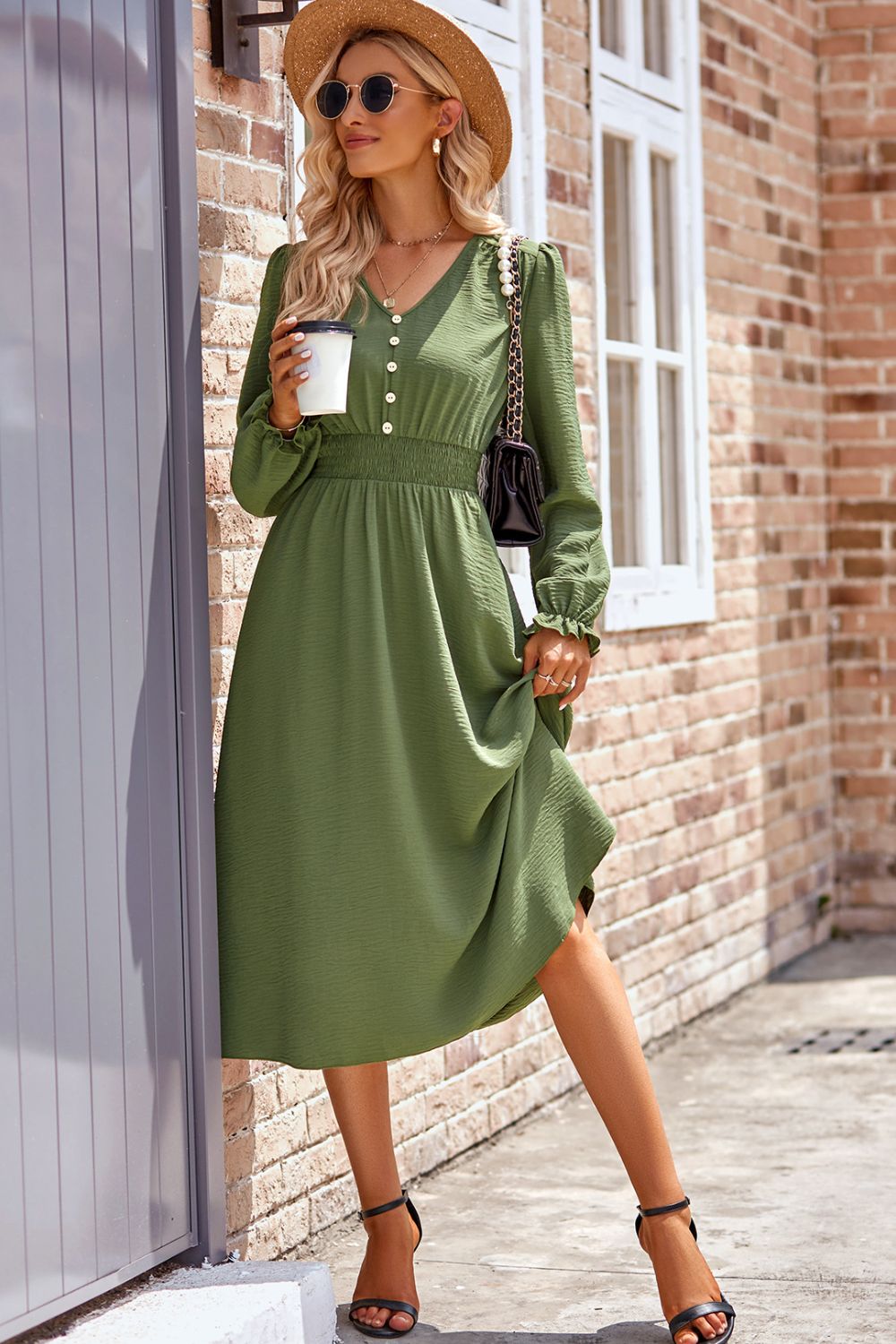 Smocked V-Neck Flounce Sleeve Midi Dress 3f5b2959-4ba0-4fe0-8e19-868213b48c5a-Max Glownestbest
