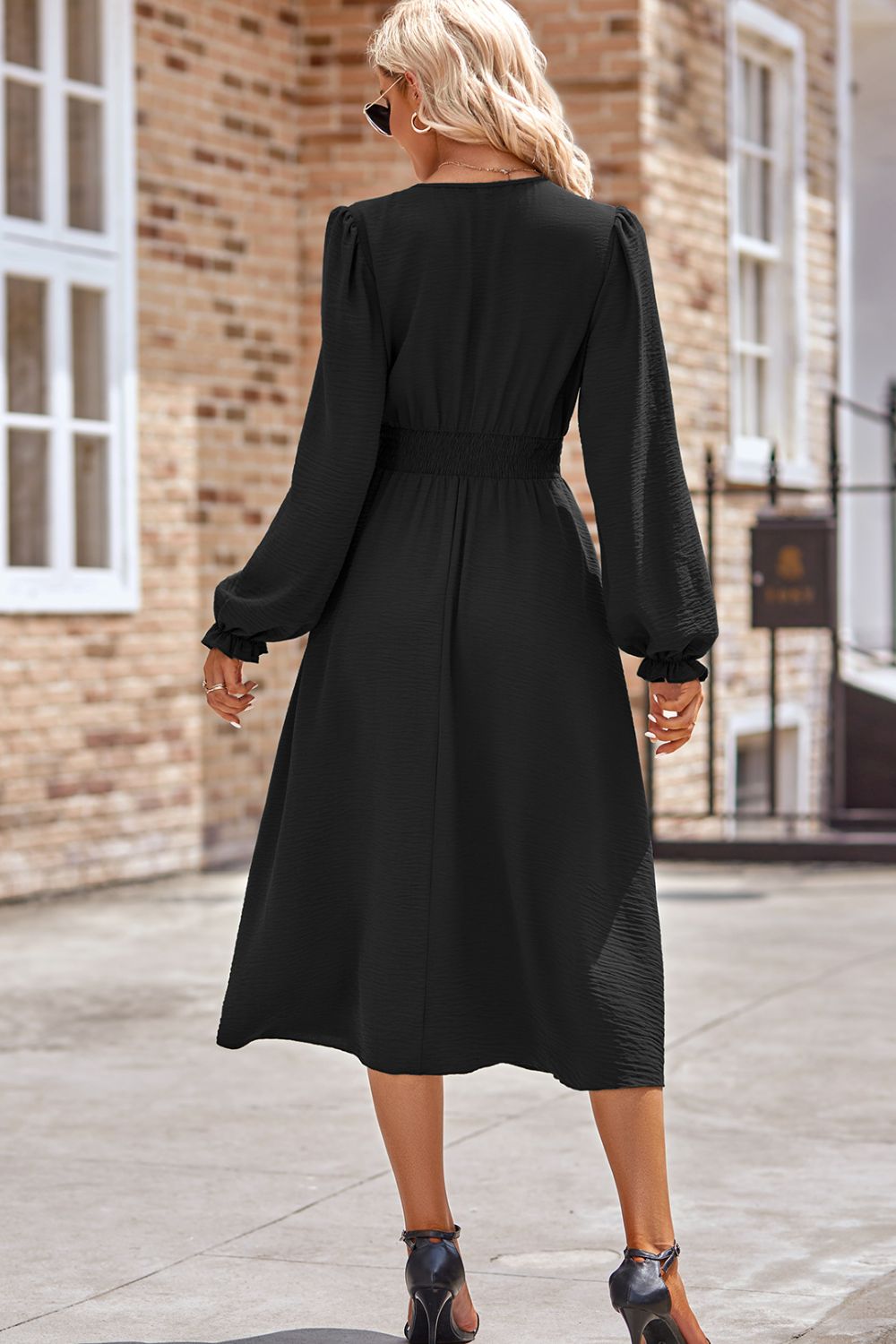 Smocked V-Neck Flounce Sleeve Midi Dress 3fe17087-d7e1-4210-b963-6ef5c48d8676-Max Glownestbest