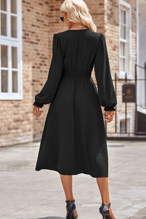 Smocked V-Neck Flounce Sleeve Midi Dress 3fe17087-d7e1-4210-b963-6ef5c48d8676-Max Glownestbest
