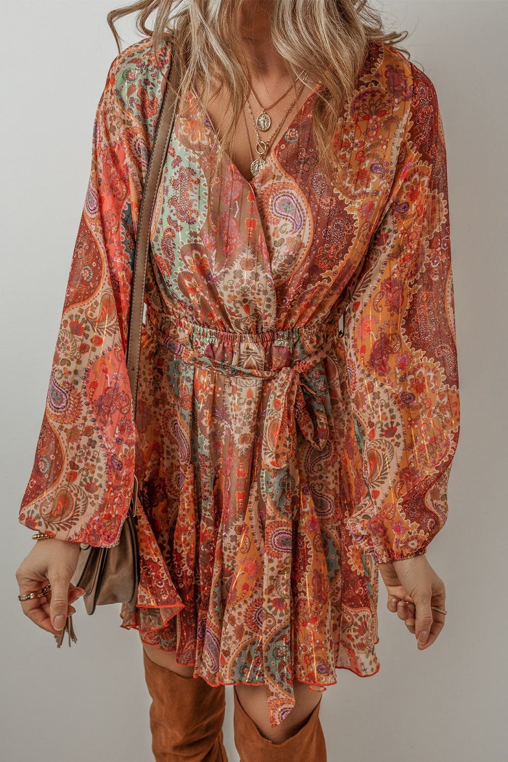 Tied Printed Balloon Sleeve Mini Dress 404f7cb8-9f6c-41bb-919f-ebf4e13ddf4c-Max Glownestbest