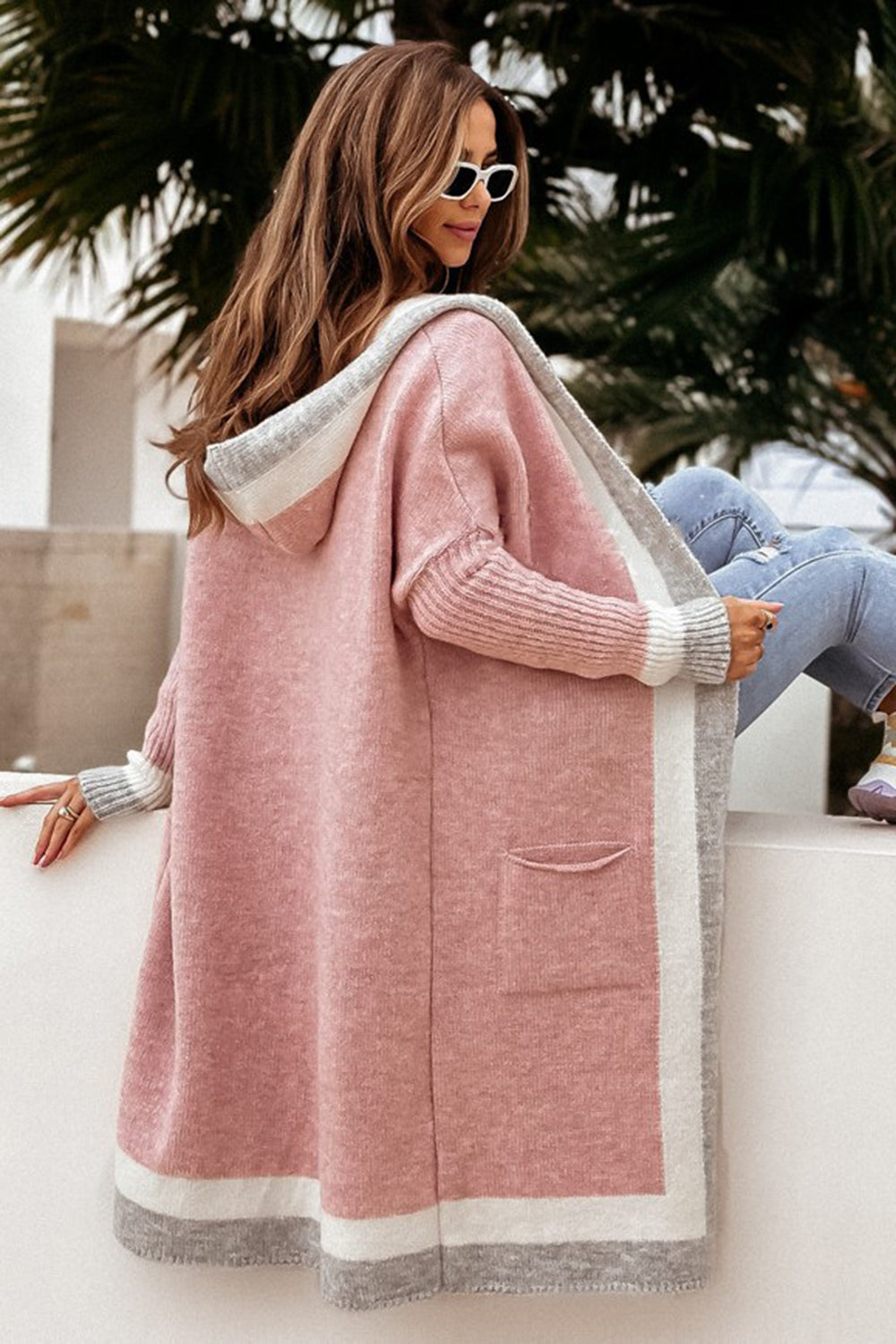 Pocketed Contrast Long Sleeve Hooded Cardigan 4070cd2c-bfc5-4e1b-bb88-2e23666ed250-Max Glownestbest