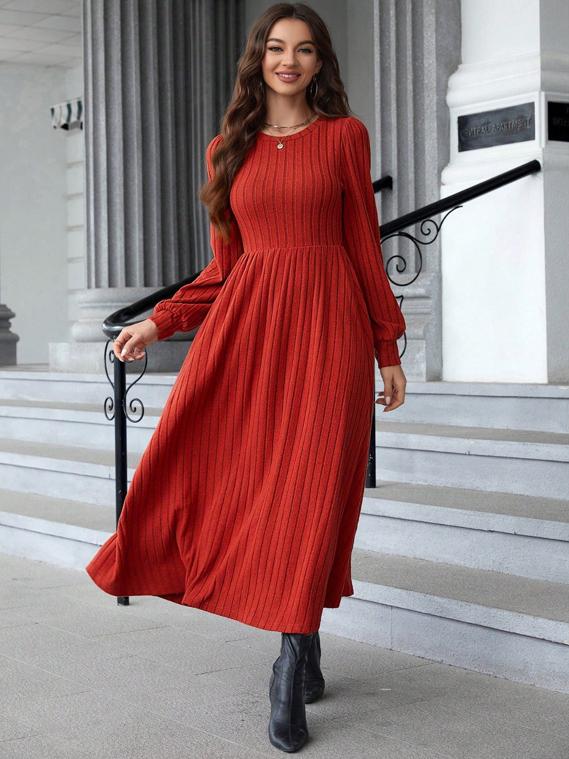 Ribbed Round Neck Long Sleeve Dress 40a6e324-ca15-48fd-917c-d8e7baabff20-Max Glownestbest