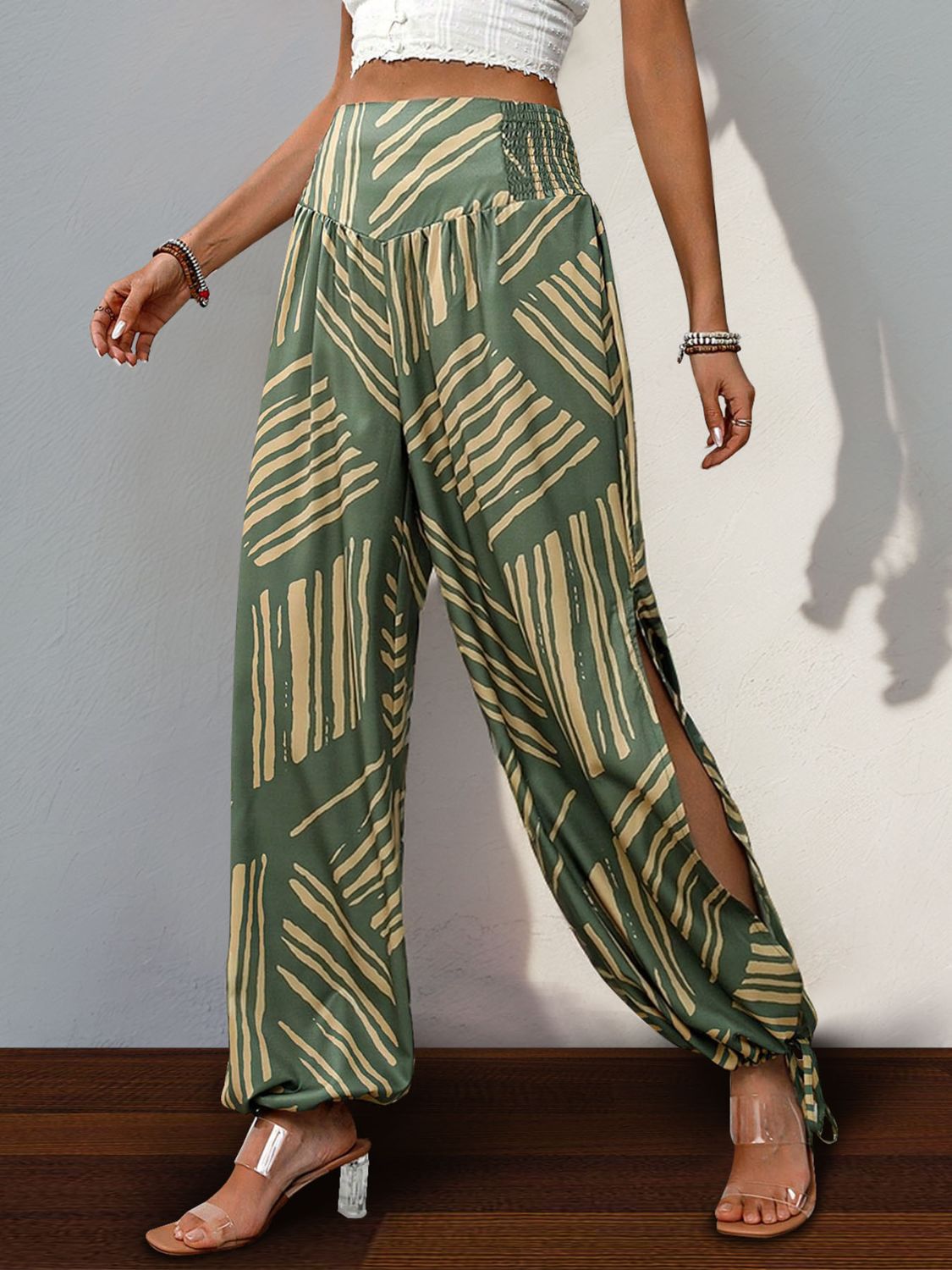 Perfee Smocked Slit Printed High Waist Pants 40b8751f-3a51-48a7-a85f-e942543881c8-Max Trendsi