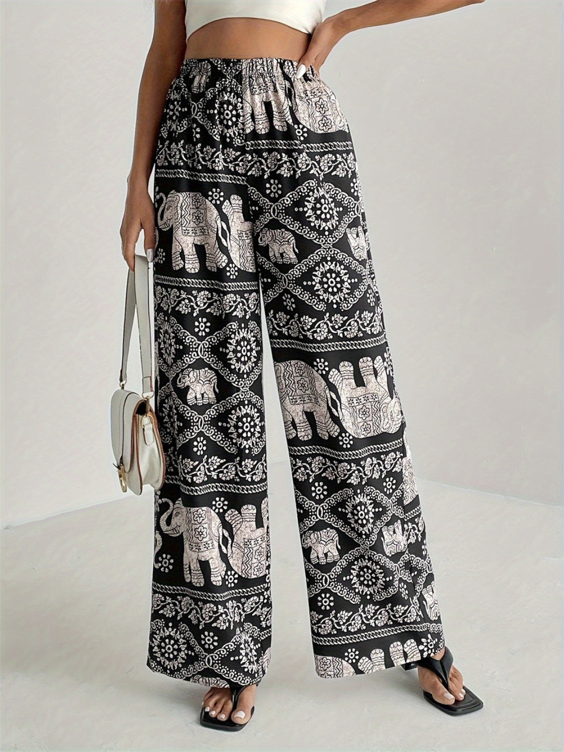 Printed Wide Leg Elastic Waist Pants Black 40bd3f4b-d8f8-44de-bb26-a03f42fc871e-Max Trendsi