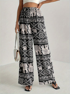 Printed Wide Leg Elastic Waist Pants Black 40bd3f4b-d8f8-44de-bb26-a03f42fc871e-Max Trendsi
