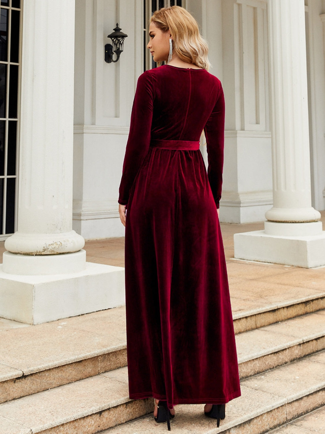 Tie Front Round Neck Long Sleeve Maxi Dress 40f2ef1e7dda421e9d38515a1cb93599-Max Glownestbest