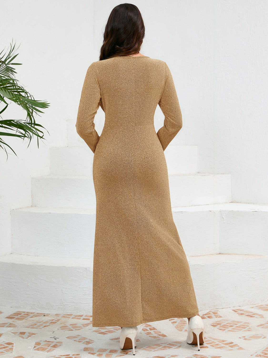 Ruched Round Neck Long Sleeve Dress 410d7327-a504-4c8b-b757-a2343710a0aa-Max Glownestbest