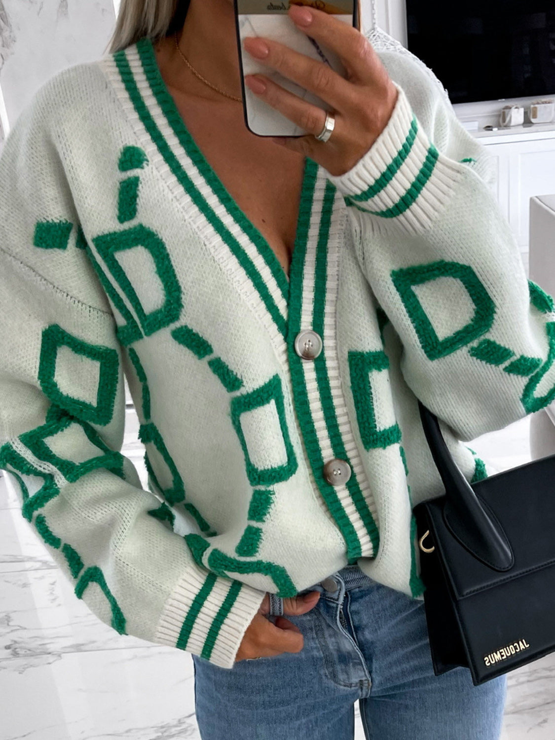 Geometric Dropped Shoulder Button Down Cardigan 410f4c2a804b4efb943cd74ff73207af-Max Glownestbest