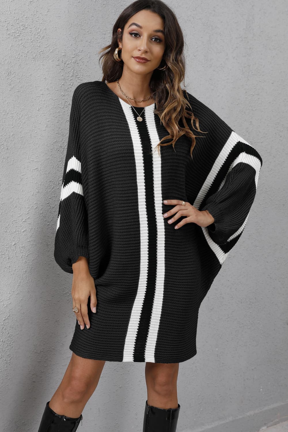 Ribbed Round Neck Long Sleeve Sweater Dress Black 413e681a327c4340802539b1185d4117-Max Glownestbest
