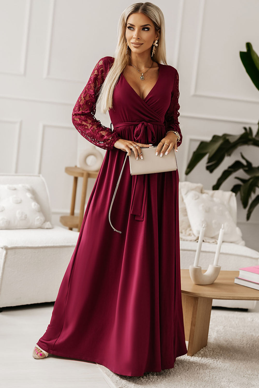 Lace Detail Surplice Tie-Waist Maxi Dress Wine 418895554f884b1ea82b78a14914cb62-Max Glownestbest