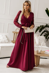 Lace Detail Surplice Tie-Waist Maxi Dress Wine 418895554f884b1ea82b78a14914cb62-Max Glownestbest