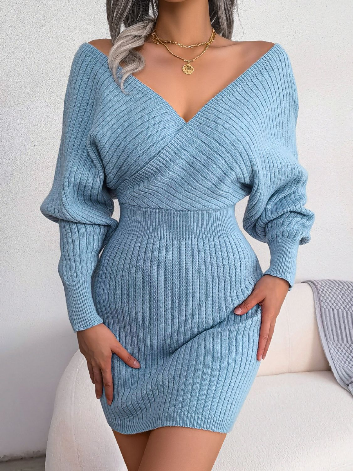 Rib-Knit Dolman Sleeve Sweater Dress Sky Blue 41d6b2c4baf44e9cb02ec15608582b38-Max Glownestbest