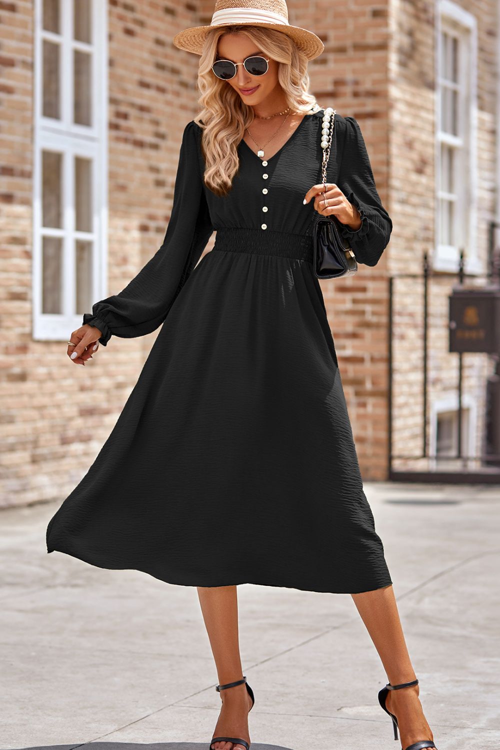 Smocked V-Neck Flounce Sleeve Midi Dress Black 41fb687e-052c-4351-80c5-0597a6659c54-Max Glownestbest