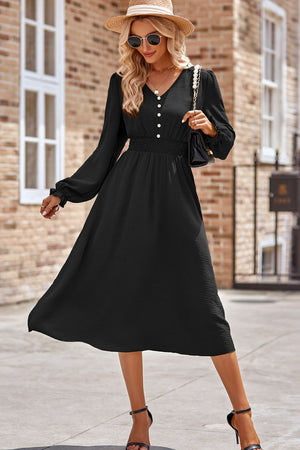 Smocked V-Neck Flounce Sleeve Midi Dress Black 41fb687e-052c-4351-80c5-0597a6659c54-Max Glownestbest