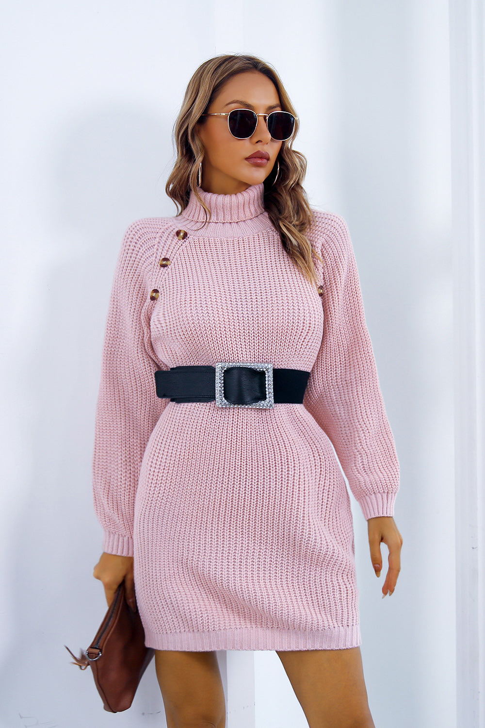Buttoned Turtleneck Long Sleeve Sweater Dress 422573068e844b449eee303402260473-Max Glownestbest