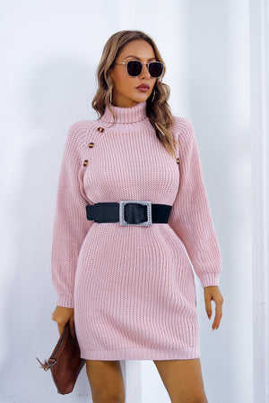 Buttoned Turtleneck Long Sleeve Sweater Dress 422573068e844b449eee303402260473-Max Glownestbest