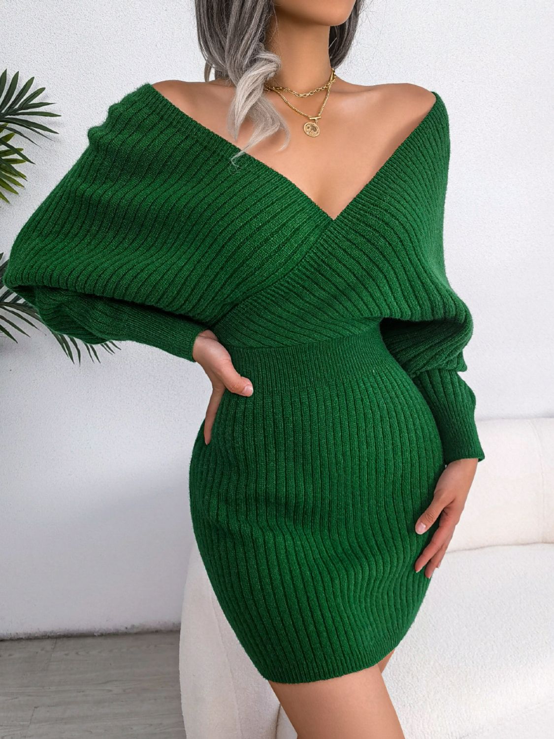 Rib-Knit Dolman Sleeve Sweater Dress Green 4402f3f453be4fea8a47a2ed1a989ca5-Max Glownestbest