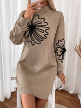 Perfee Flower Mock Neck Long Sleeve Sweater Dress Camel 441f2c2f-c645-4dce-81f0-40ddbb5a044e-Max Glownestbest