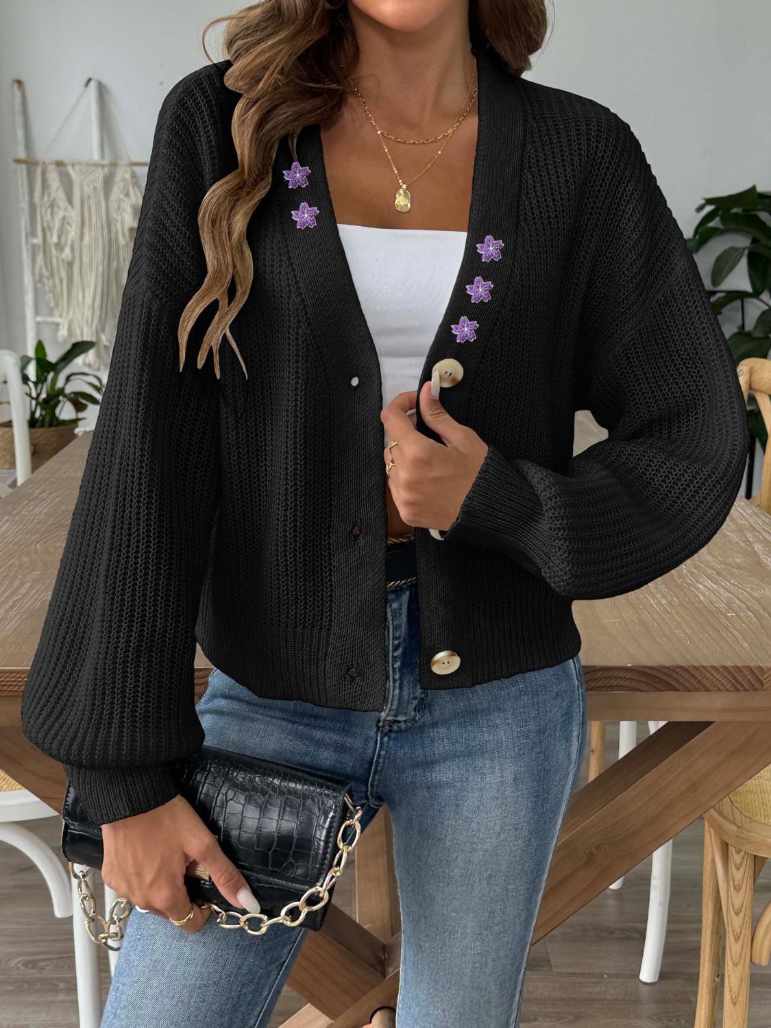 Glownestbest® | V-Neck Button Up Long Sleeve Cardigan Black 442051fb-09fe-41ab-bd24-ca028487dd5a-Max Glownestbest