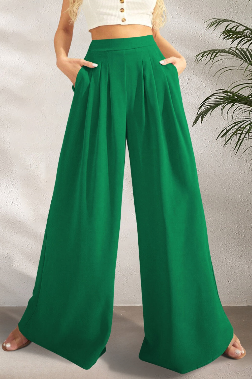 FAM-FAM High Waist Wide Leg Pants Green 443e2c57-1a8e-40f6-8b13-8bc021b20a36-Max Trendsi