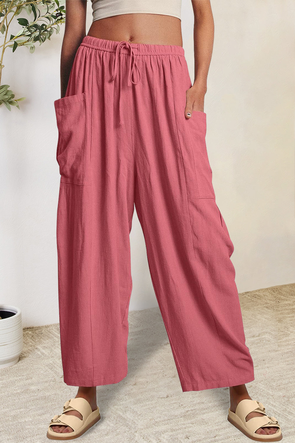 Full Size Pocketed Drawstring Wide Leg Pants Hot Pink 44603c13-e65d-4b3b-8fe9-62795be6e7a7-Max Trendsi