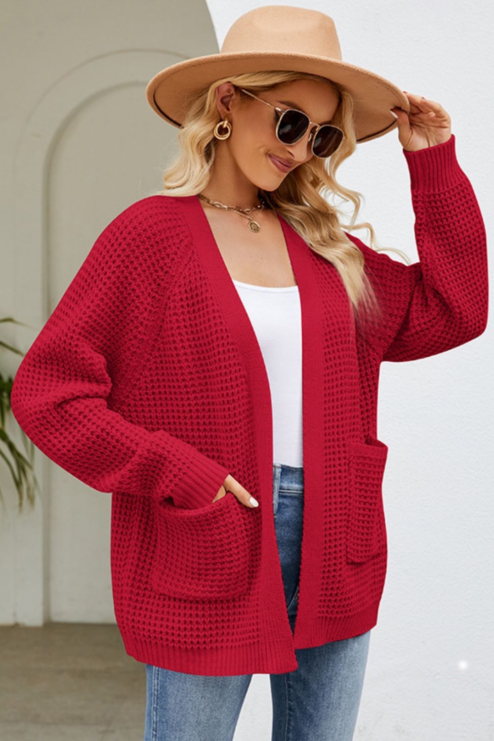 Open Front Raglan Sleeve Pocketed Cardigan Deep Red 44d18f82-27e0-4964-88e0-3529fc6236eb-Max Glownestbest