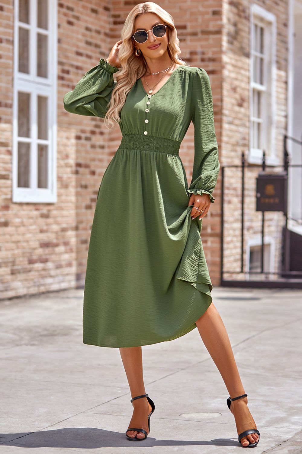 Smocked V-Neck Flounce Sleeve Midi Dress 4512dc9d-7eeb-4342-ae6c-1a9b5cc395cf-Max Glownestbest