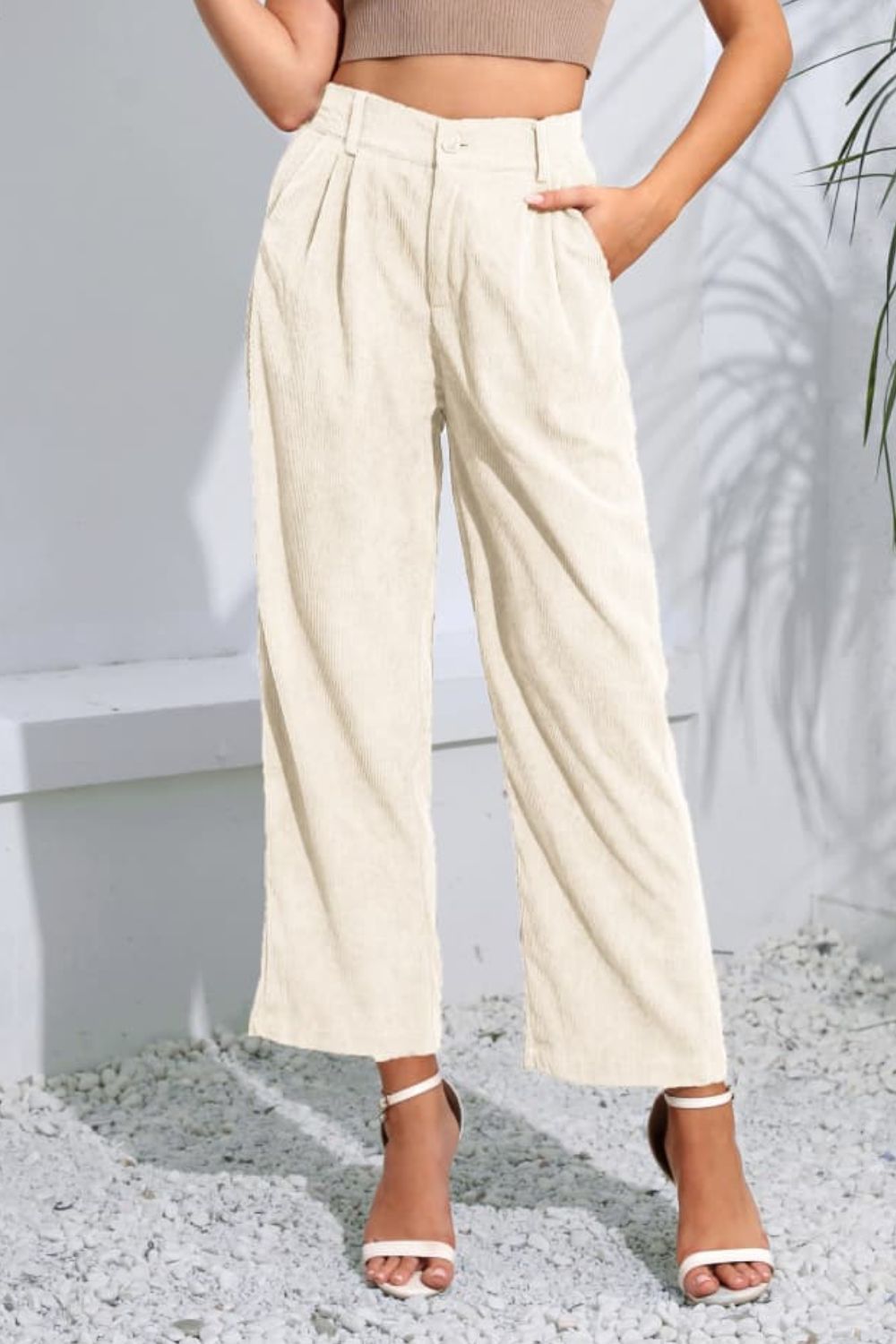 Buttoned Straight Hem Long Pants Ivory 465323c5c0254347aa2d3d077dc590a7-Max Trendsi
