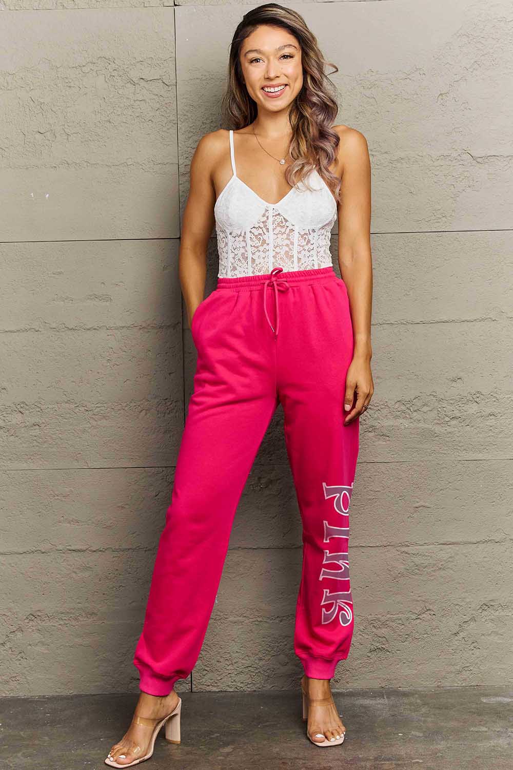 Simply Love Full Size PINK Graphic Sweatpants 4742338eb96342718f9b157becb1a359-Max Trendsi