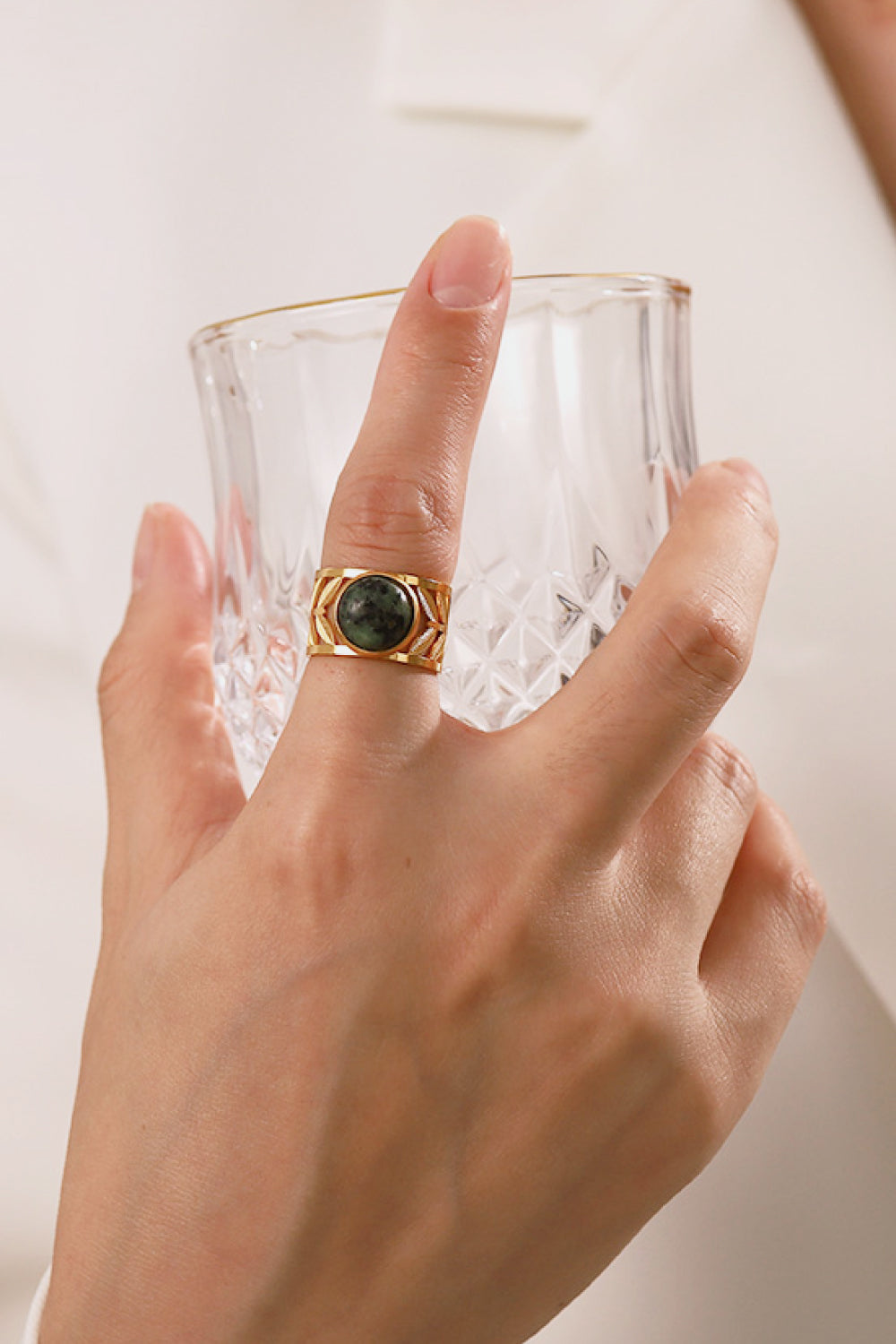 18k Gold Plated Malachite Leaf Ring 47747b259a9c4f4f847073d72669d340-Max Trendsi