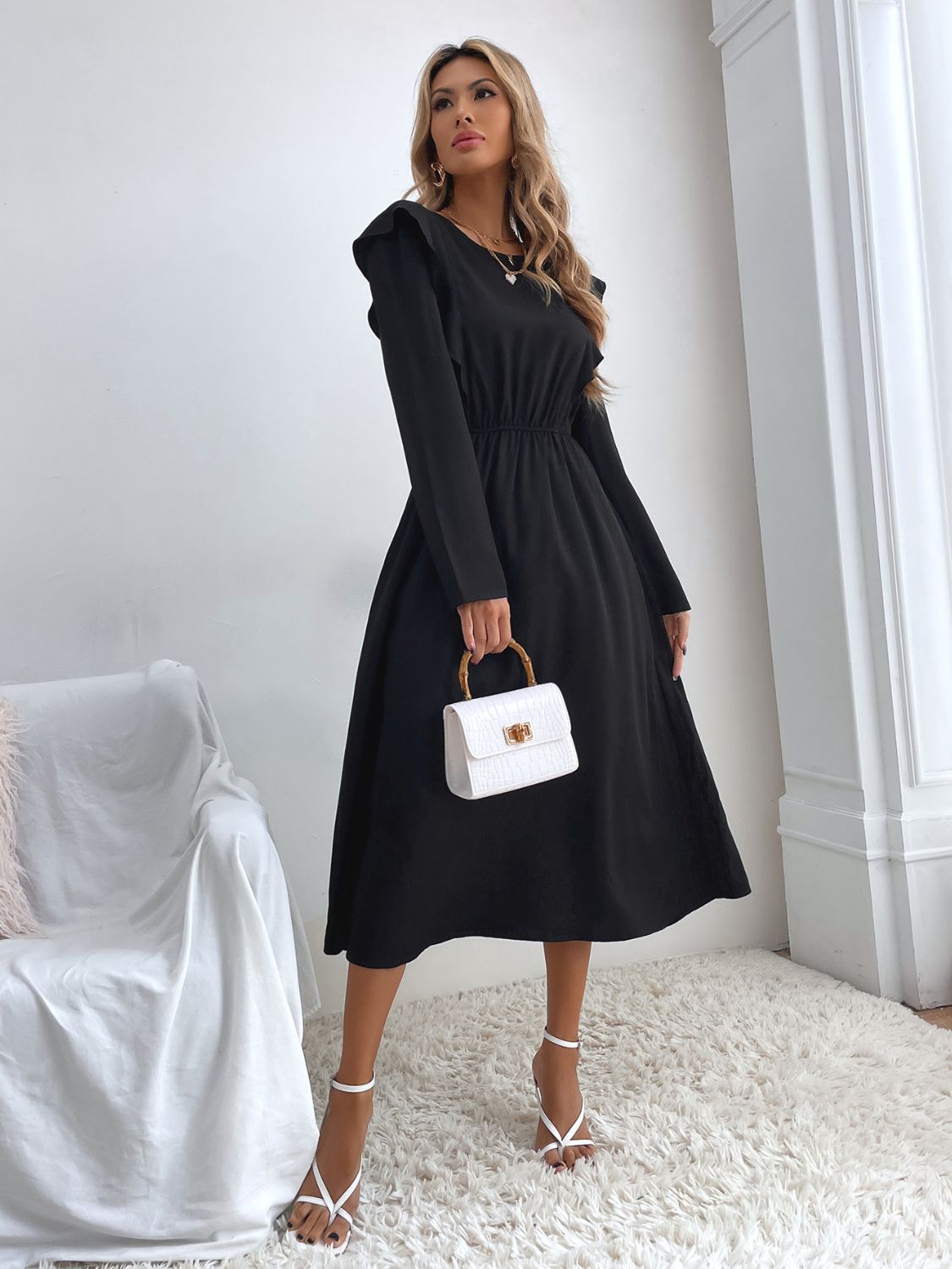 Ruched Ruffled Round Neck Long Sleeve Dress 4788bec9-d52a-4cc5-9e8b-0639fc3a5c3d-Max Glownestbest