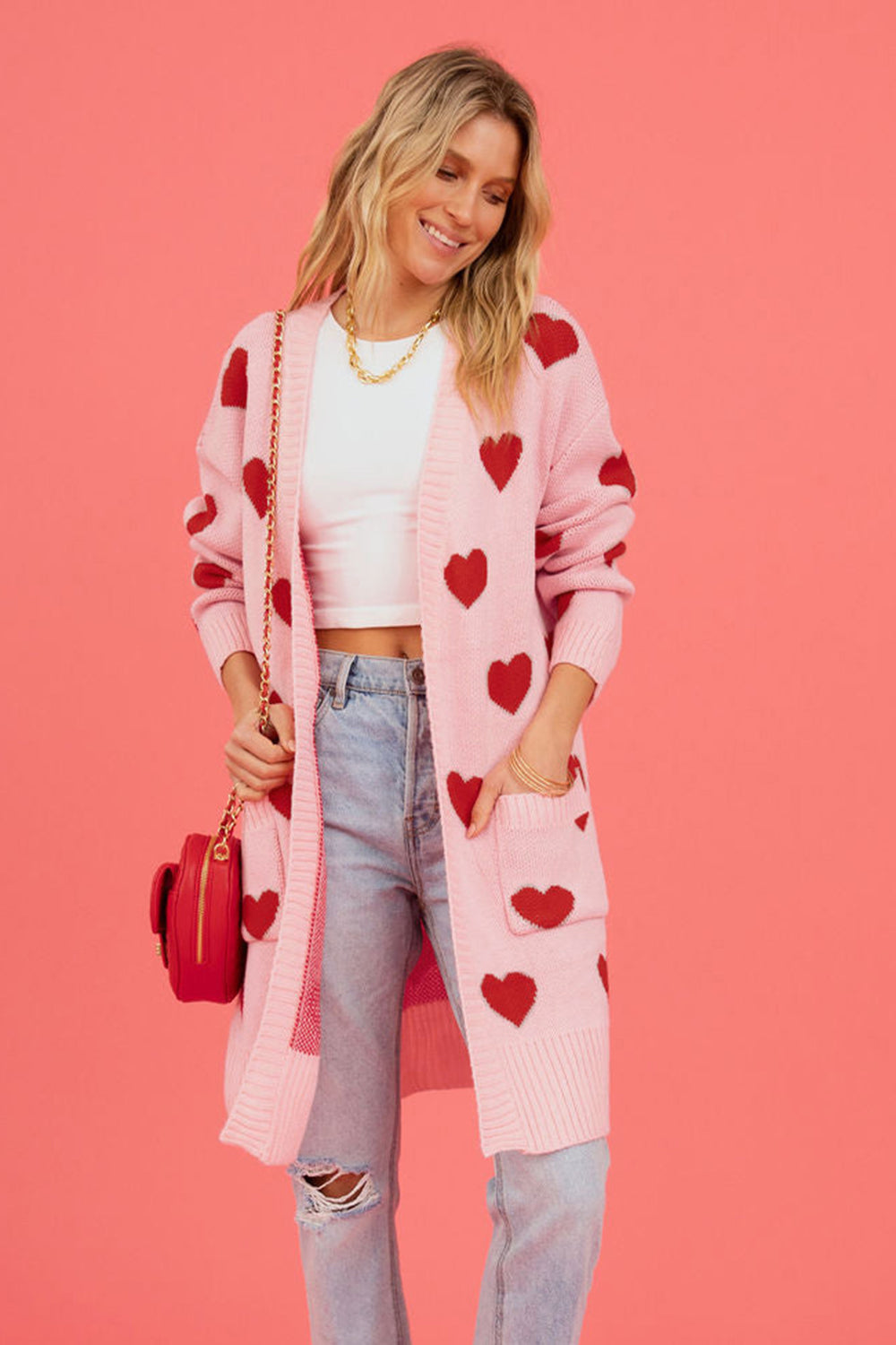 Heart Graphic Open Front Cardigan with Pockets Blush Pink 481cee87c6fa4f9dbaff33f5a9841b69-Max Glownestbest