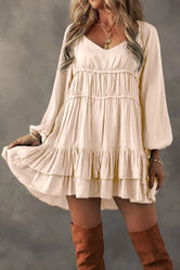 Frill Ruffled V-Neck Long Sleeve Mini Dress Eggshell 48386512-fceb-4819-8cbd-a9801eb15d27-Max Glownestbest