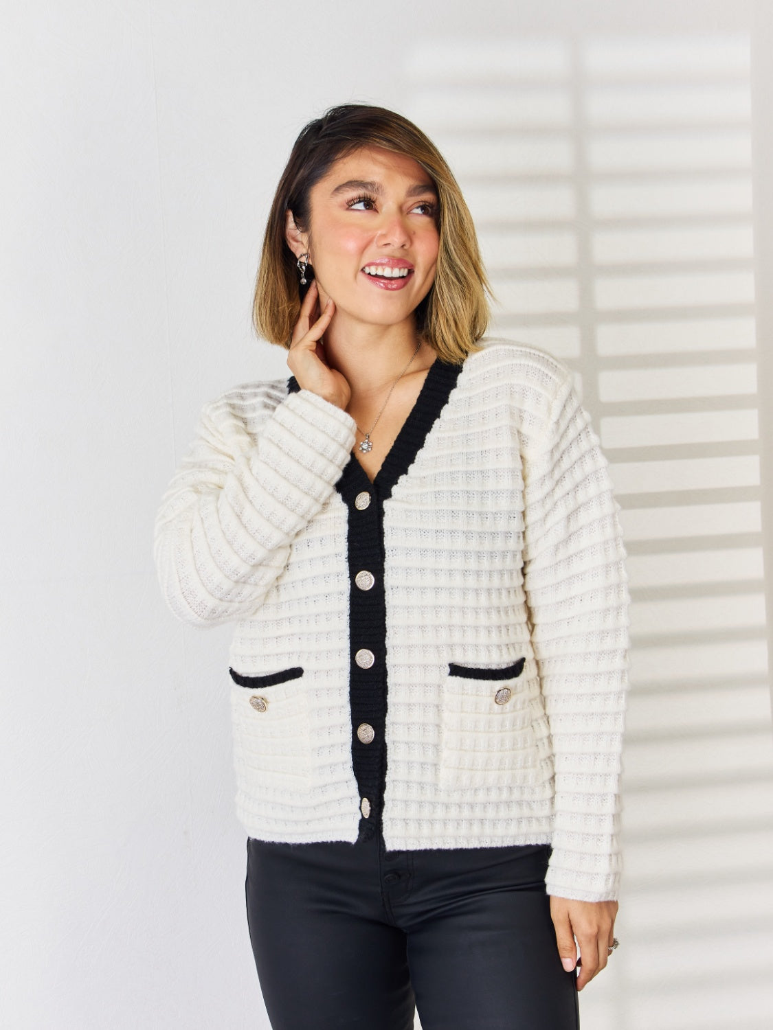 Contrast Trim Button Up Cardigan White 4847bca5-2533-4b2d-8748-f5db4dd2ad85-Max Glownestbest