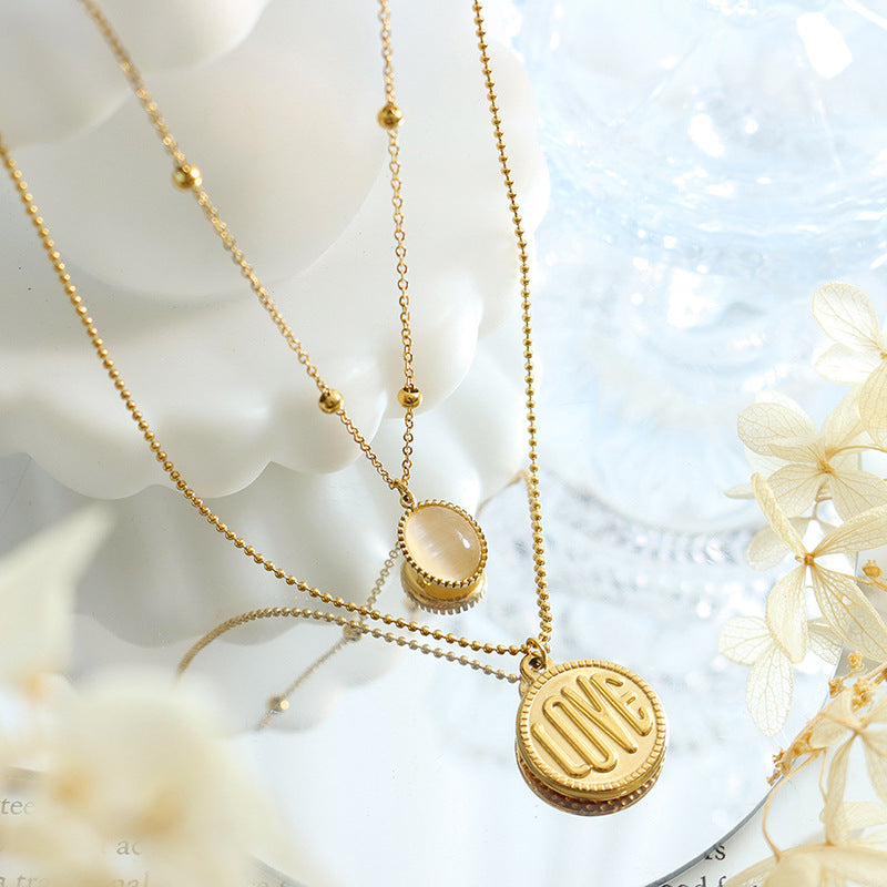 18K Gold Classic Simple LOVE Round Plate with Opal Double Layer Necklace 48665d69-cb2a-40b3-81bf-212b0e72e5d1 Artshiney
