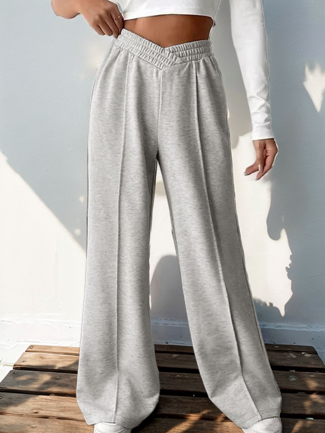 Perfee Elastic Waist Wide Leg Pants Light Gray 48a813db-d496-401e-a69a-6ebff19b2a46-Max Trendsi