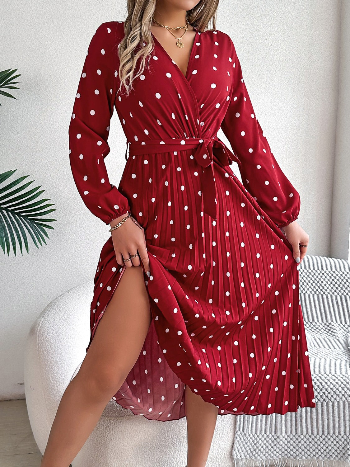 Tied Polka Dot Long Sleeve Midi Dress 48f163b9-0630-47d5-aa29-424f3de62b2c-Max Glownestbest