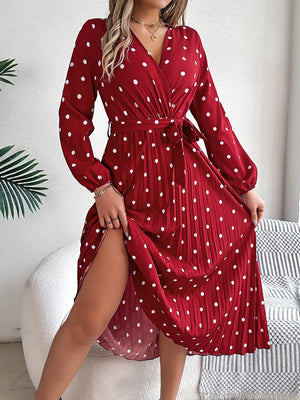 Tied Polka Dot Long Sleeve Midi Dress 48f163b9-0630-47d5-aa29-424f3de62b2c-Max Glownestbest