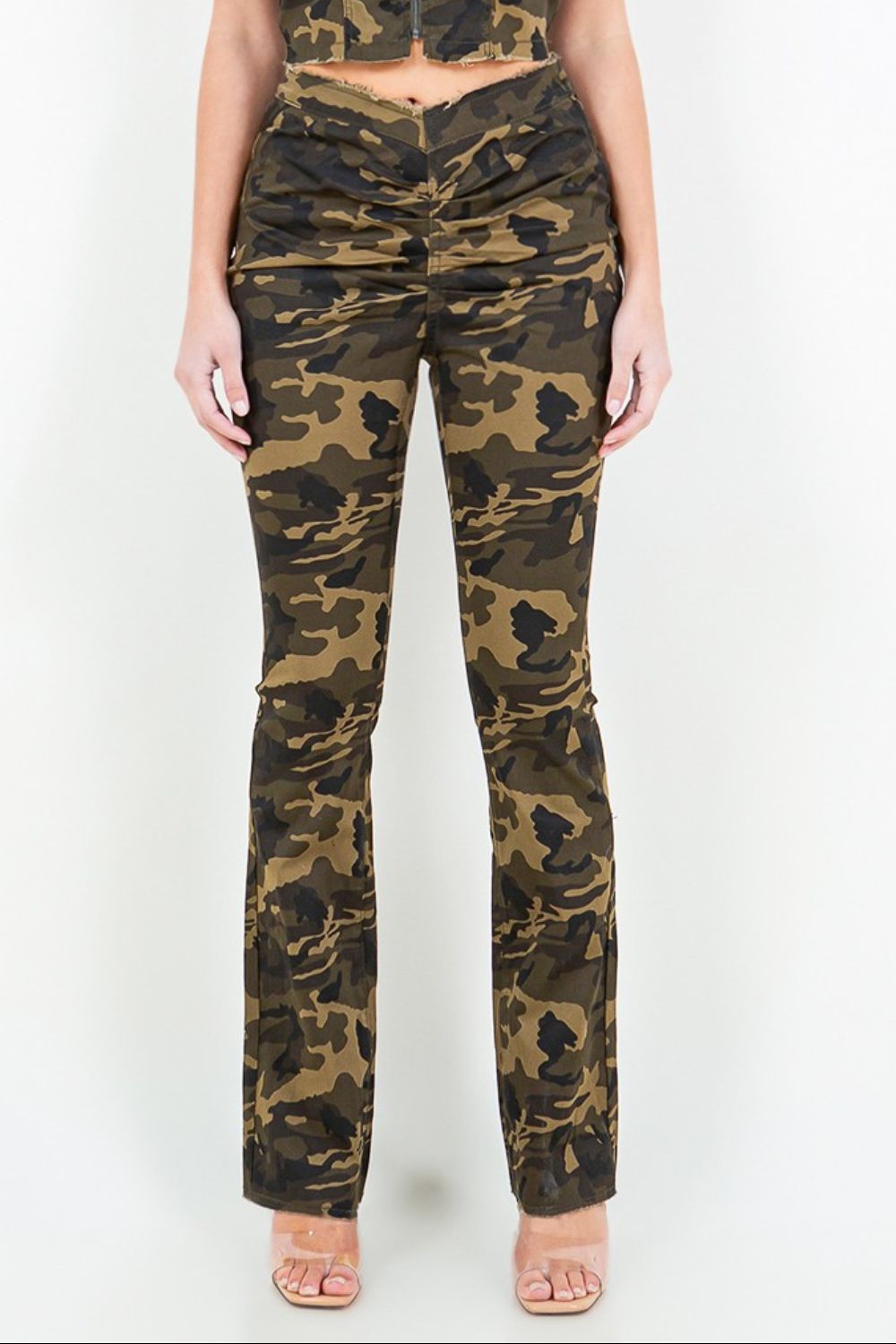 American Bazi V-Cut Ruched Camo Flare Pants 491673c1-6263-4611-827c-51d597c37825-Max Trendsi