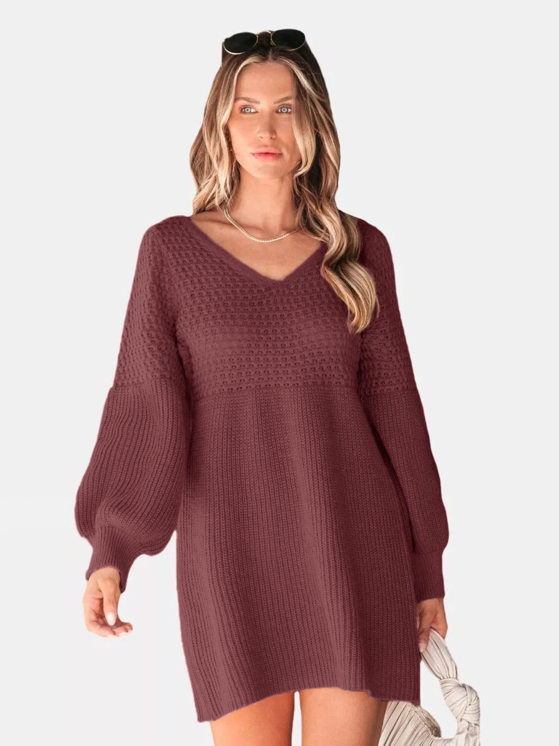 Perfee V-Neck Long Sleeve Sweater Dress 4957b244-4041-4542-b6cc-7bebf773036c-Max Glownestbest