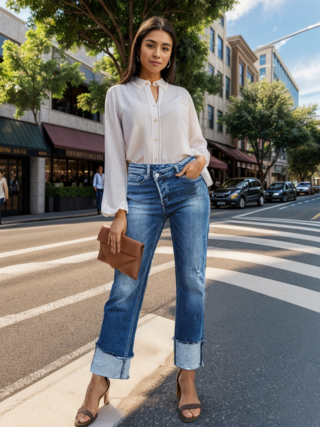 Stepped Waist Raw Hem Rolled Straight Jeans 499f9d05-c892-4c15-8b0f-23348d213c2b-Max Trendsi